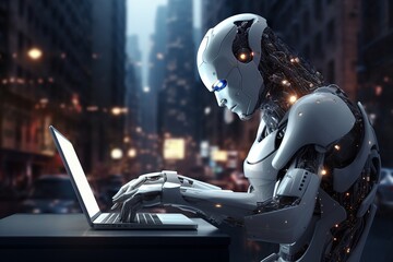 Robot working on laptop in front of city view window, artificial intelligence replacing people concept