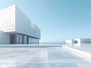 Breathtaking Modernist Architecture with Expansive Concrete Plaza and Cloudless Sky