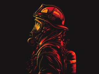 firefighter wearing full gear, black background
