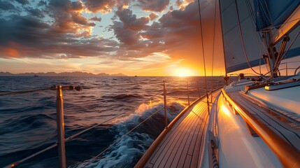 Sailing yacht sailing in the open sea at sunset, view from deck to cabin of luxury sailboat. 