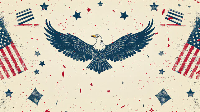 Eagle and flags on 'Independence Day' design, patriotic fervor on beidge  background..
