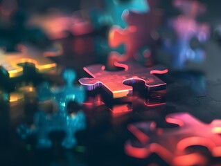 Glowing Puzzle Pieces Floating in Minimalist Dark Environment Representing Business Innovation