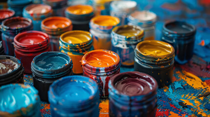 Open jars of colorful paints on an artist's palette