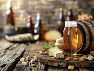 beer in oak beer barrel and cheese