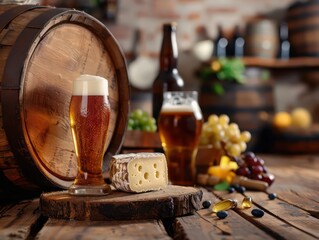 beer in oak beer barrel and cheese