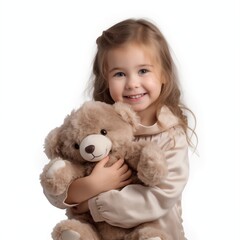a little cute girl holding a teddy bear isolated on a white background