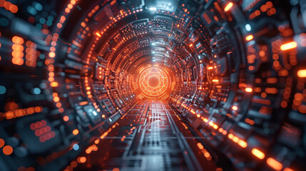 Obraz premium Futuristic tunnel with glowing neon lights and circular patterns