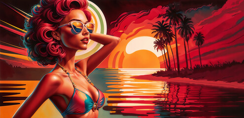 Stylish woman enjoying a serene moment by the sea. she wears large sunglasses, fashionable bikini with red curly hair. Retrowave sunset radiates elegance with tranquil Miami palm tree beach background