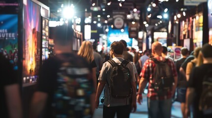 blurred trade show floor, shallow depth of field background