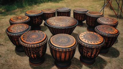 Naklejka premium A circle of large, hand-painted drums set up for a drum circle at a music festival, with intricate patterns and designs.