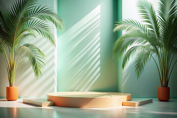 Minimal empty mint green and pastel orange cream colored 3d room background. Modern studio showcase, product display, stage with natural tropical palm tree shadows. Luxury stage concept for cosmetic, 