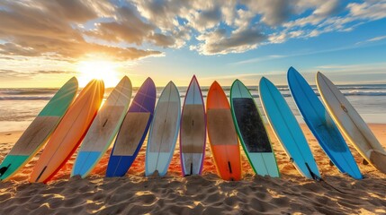 A collection of brightly colored surfboards lined up on a sandy beach at sunrise, ready for a day of surfing. - Powered by Adobe