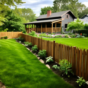 wooden fenc ein the backyard and lawn,wooden fenc is covered in green vines,generate ai
