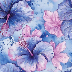 Kawaii Hibiscus Flower Watercolor Pattern, Seamless Pattern