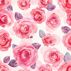 Kawaii Style Roses Watercolor Illustration Pattern, Seamless Pattern