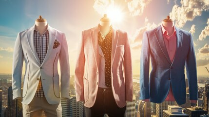 A collection of lightweight summer blazers for both casual and formal wear, showcased against a backdrop of a sunny cityscape. - Powered by Adobe