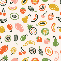 Mix of Tropical Fruits Seamless Colorful Pattern. Handmade. Hand drawing. Not AI. Vector illustration