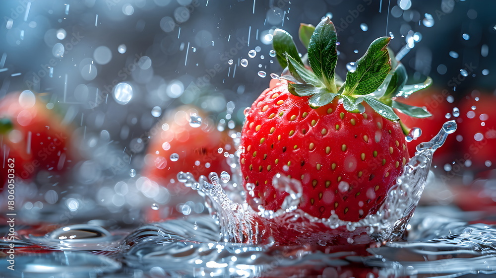 Wall mural water splashing onto strawberry, in the style of cleared background, fresh, clean fruit juice with s