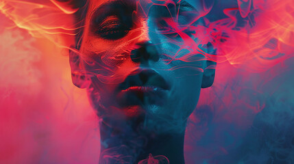 A beautiful woman in pink and blue neon lights with smoke