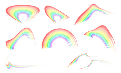 Set of watercolor rainbows of different shapes on transparent background