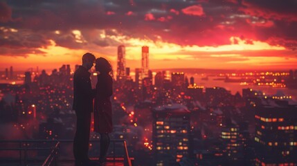 A couple is standing on a rooftop overlooking a city. The sky is a bright orange and the city is lit up by the lights of the buildings