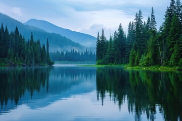 Serenity: A Green Landscape of Trees Surrounds a Calm Lake in Evening Sky