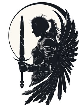 recommend clip art: Praying Valkyrie with Sword - Retro Hero Pose in Military Armoring. Circle Silhouette for Logotype.