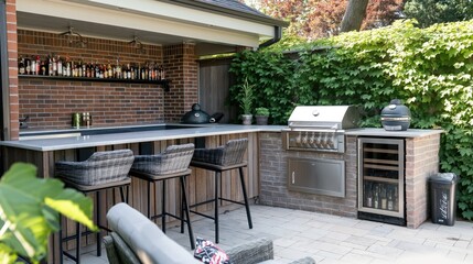 A custom-built outdoor kitchen with a built-in grill, refrigerator, and bar seating, set against a backdrop of summer greenery.