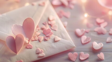 A close-up shot showcasing the elegant details of a love letter envelope with handcrafted paper hearts, set against a dreamy pink Valentines backdrop.