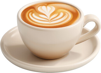 A white coffee cup with a heart design on it sits on a white saucer. The coffee is hot and steaming, and the cup is filled to the brim