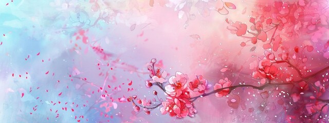 cherry blossom, watercolor background, pastel colors, pink and red in the style of various artists. - obrazy, fototapety, plakaty