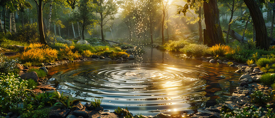 Forest River at Sunrise, Misty Morning with Sunlight Peering Through Trees, Serene Natural Retreat
