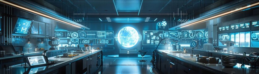 Futuristic spaceship interior control room. High tech. Spaceship bridge.