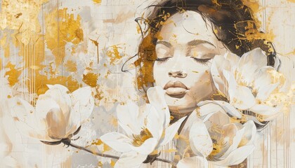 Artistic Portrait with Golden Splatter and White Flowers, Modern Feminine Artwork, Textured Gold and Floral Design, Dramatic Creative Expression