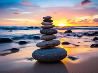 A serene beach scene at sunset with smooth pebbles stacked in the foreground, symbolizing peace and balance, with gentle waves in the background