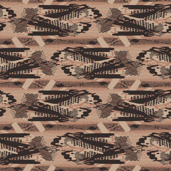 Tribal ethnic camouflage abstract pattern design in fall color trend. Seamless rustic surface texture with neutral tone handwork mark making shapes. 