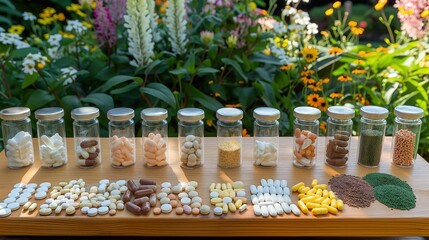 A display of various antihistamine medications and natural supplements arranged on a wooden table, with a backdrop of a blooming garden.
