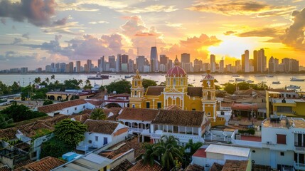 Obraz premium Marvelous Skyline Panorama at Sunset with Spectacular Sea View. Perfect for Vacation
