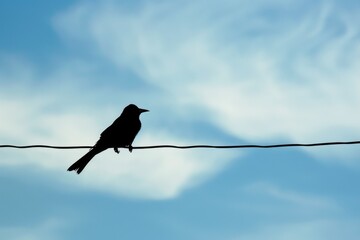 Naklejka premium Great-Tailed Grackle Perching on Wire in Bolivar Peninsula, Texas - Blackbird with Crow-Like