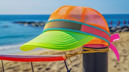 A fashionable visor hat in neon colors, resting on a beach volleyball net pole, with the beach in the background.