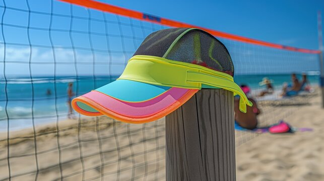 A fashionable visor hat in neon colors, resting on a beach volleyball net pole, with the beach in the background. - Powered by Adobe