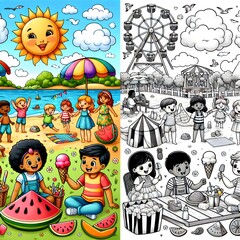 Set of different scenes with kids playing in the park cartoon style illustration