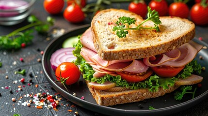 Heart Shaped Sandwich with Ham, Meat, Tomatoes, Onion and Cherry Nubes. Perfect for Spring Lunch