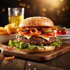 A delicious cheeseburger with fries and onion rings