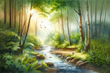 Obraz premium Morning in the forest, forest with a stream in the summer in the light of the morning sun