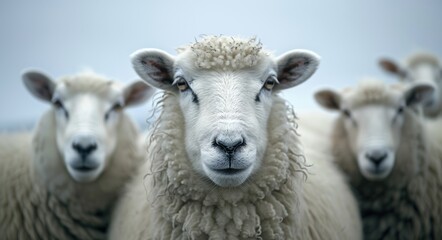 Obraz premium Group of Adult Icelandic Sheep Grazing near the Blurry Coast with Blue Sky and Eye Contact