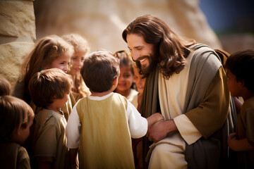 Smiling Jesus Christ talks kindly to children