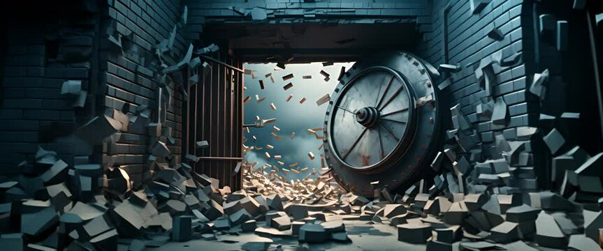 Realistic 3D minimalist scene of a broken bank vault door, financial breach,