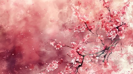 cherry blossom, watercolor background, pastel colors, pink and red in the style of various artists.