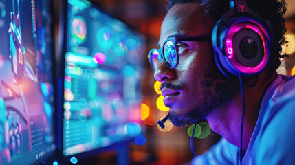 Black man in headphones in control center near computer monitors